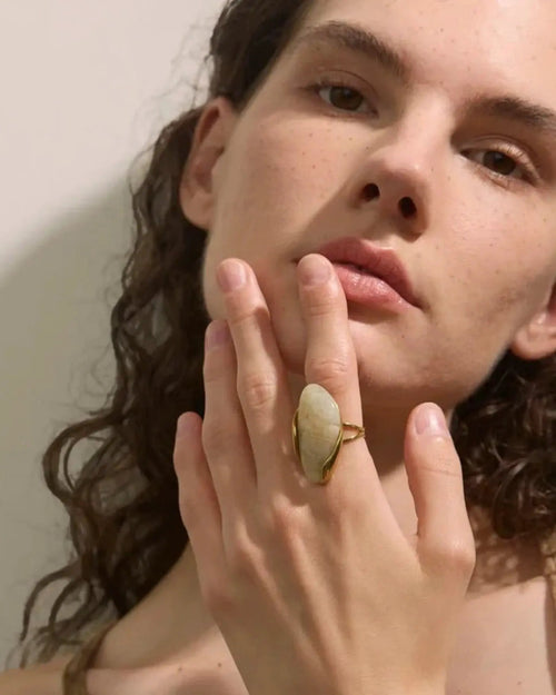 Brown Green Beige Resin Geometric Adjustable Ring 18K Gold PVD Stainless Steel by Poised Me Jewelry Studio