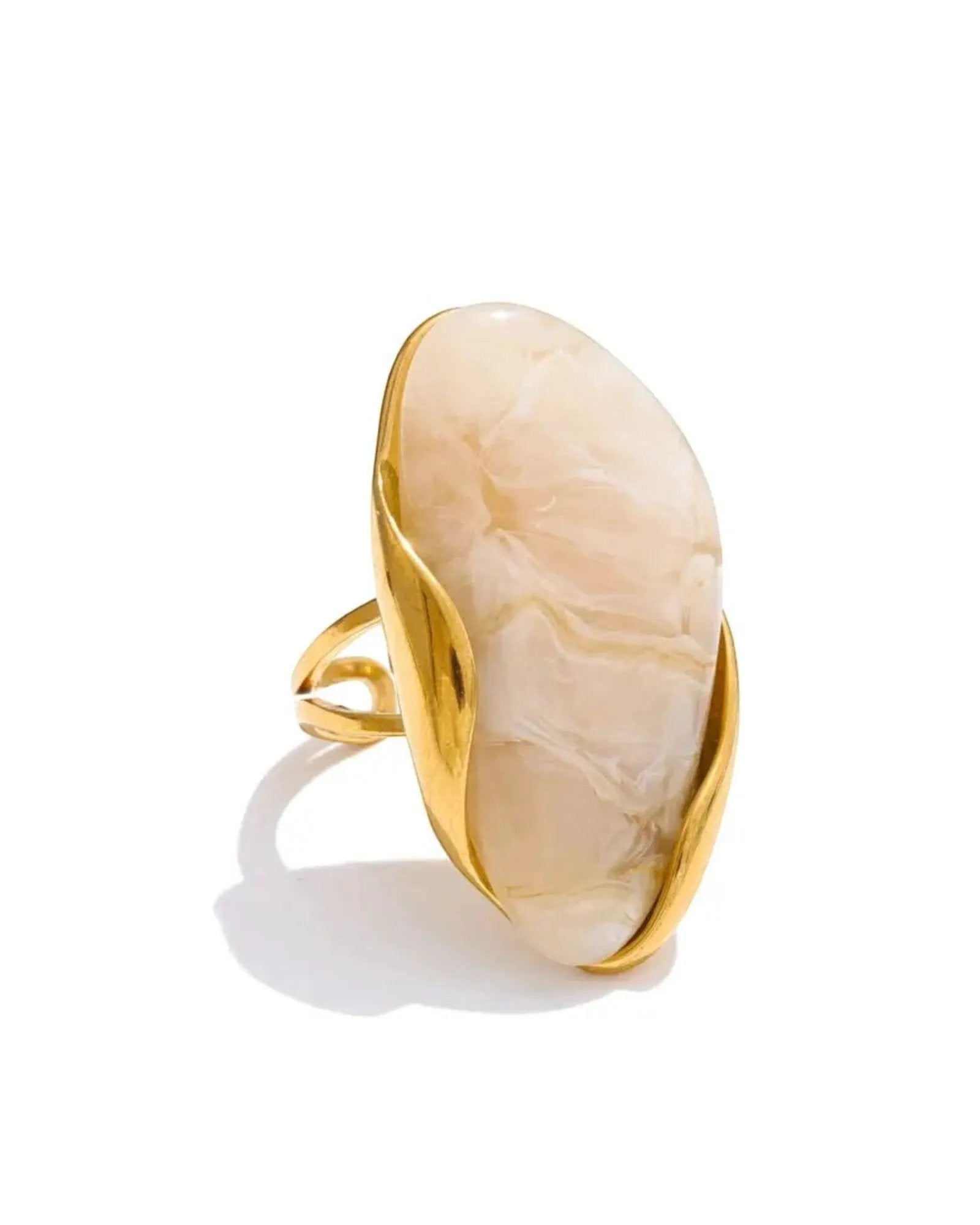 Brown Green Beige Resin Geometric Adjustable Ring 18K Gold PVD Stainless Steel by Poised Me Jewelry Studio
