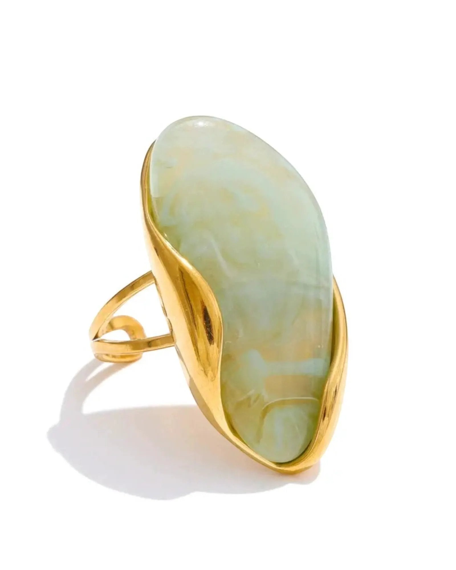 Brown Green Beige Resin Geometric Adjustable Ring 18K Gold PVD Stainless Steel by Poised Me Jewelry Studio