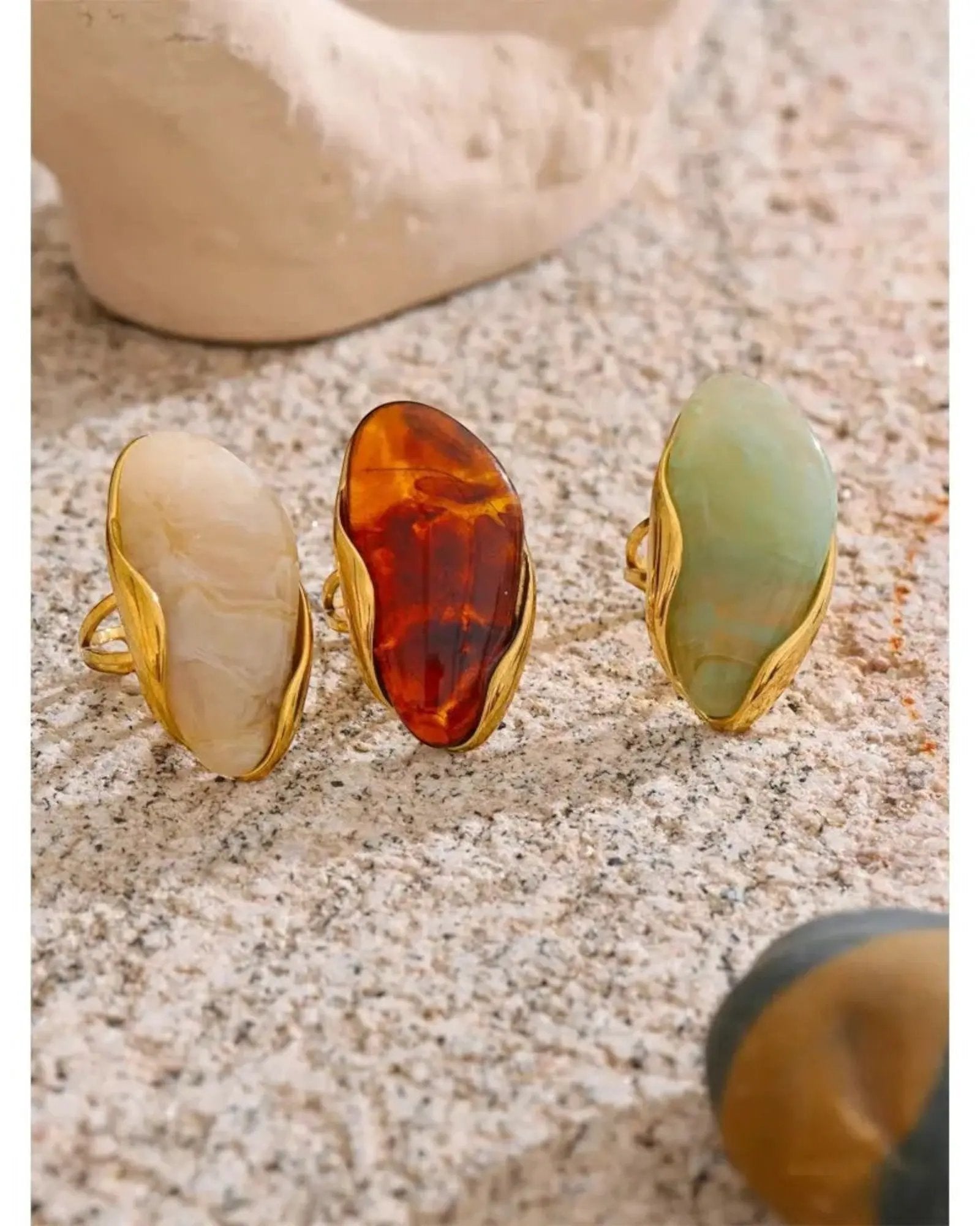 Brown Green Beige Resin Geometric Adjustable Ring 18K Gold PVD Stainless Steel by Poised Me Jewelry Studio